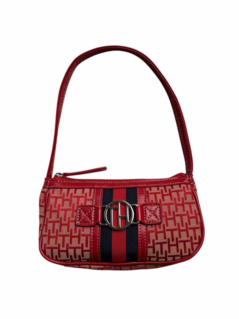 Tommy Hilfiger Red Monogram Shoulder Bag with Navy Stripe